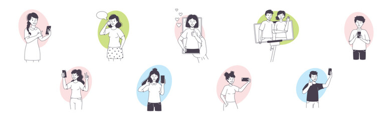 Man and Woman Blogger Character with Smartphone Making Internet Content Vector Set