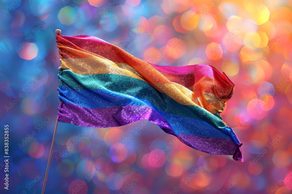 Poster waving rainbow flag with bokeh background symbolizing pride and celebration in a vibrant and dynamic