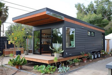 A tiny house is also referred to as an auxiliary dwelling unit, or ADU. Concepts: Modern Minimalism, Sustainable Housing, Compact Living, Tiny Houses, Generative AI.