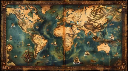 Fantastical World Map with Whimsical Coastal Landscapes and Mythical Elements