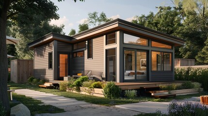 A tiny house is also referred to as an auxiliary dwelling unit, or ADU. Concepts: Modern Minimalism, Sustainable Housing, Compact Living, Tiny Houses, Generative AI.