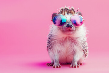 Fototapeta premium Pink hedgehog wearing colorful bright glasses on a pink background