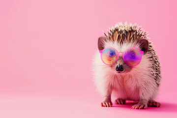 Fototapeta premium Pink hedgehog wearing colorful bright glasses on a pink background
