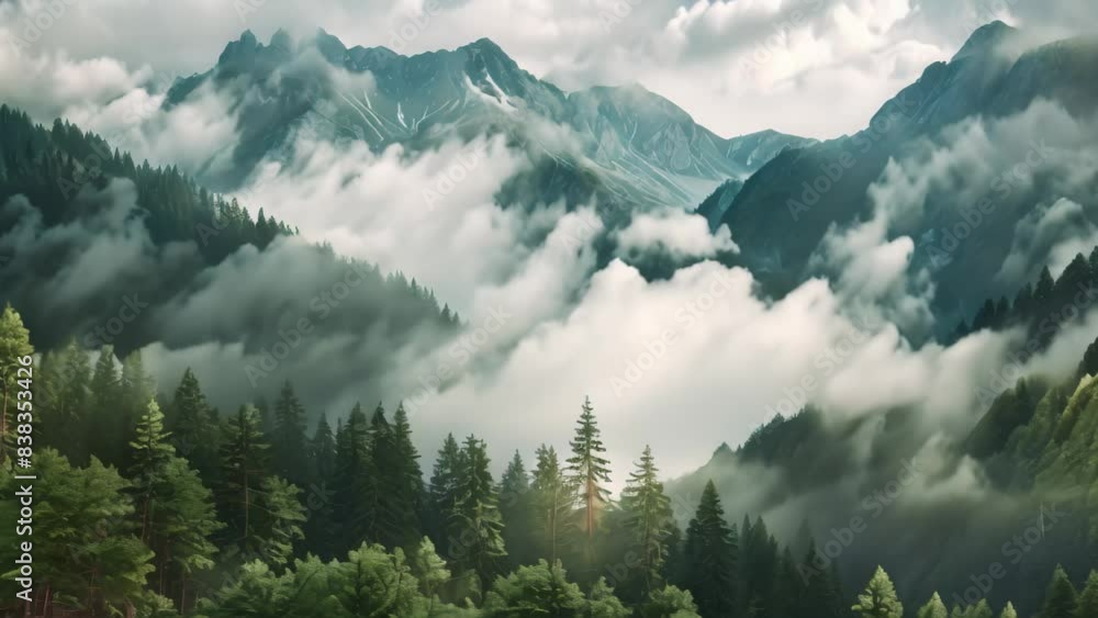 Poster a view of a mountain range with trees in the foreground, under misty clouds, a serene mountain lands