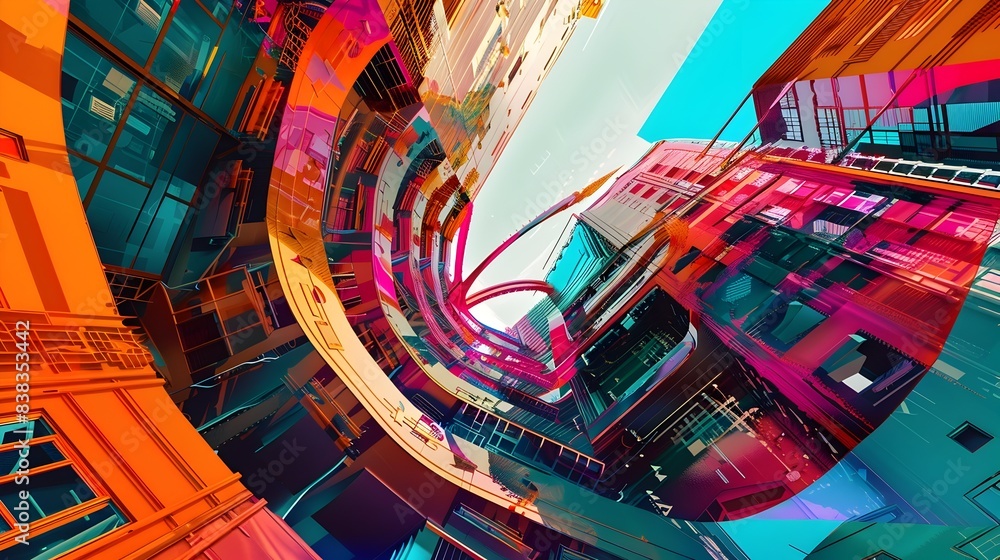 Poster surreal architectural fantasy of vibrant twisted geometry and dynamic shapes