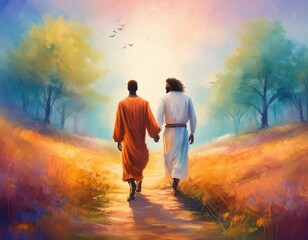 Jesus walking with a man
