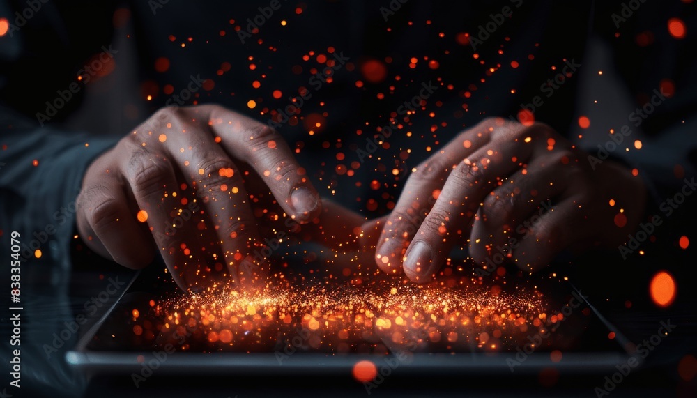 Poster A businessman using a tablet with data science and technology icon holograms on the screen, displaying code for business analytics or big data service dark background