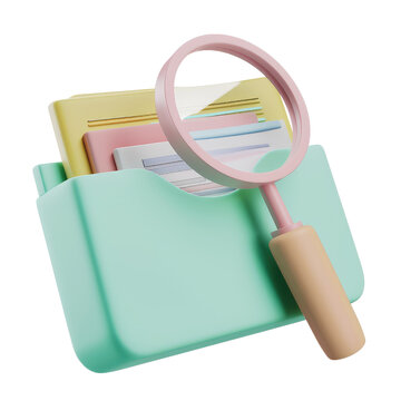 A folder with a magnifying glass over it isolated on transparent background