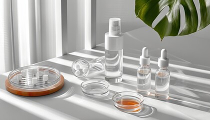 Fototapeta premium Skincare product flat lay with clear glass bottles and dropper tops, white background, and petri dishes