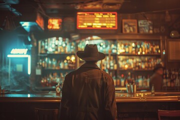 Obraz premium A detective walking through a crowded bar, looking for a suspect, with a sense of mystery and suspense.