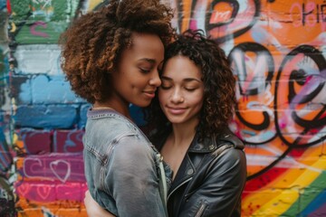 LGBTQ couple sharing an embrace in front of a cityscape graffiti painting that promotes acceptance and love