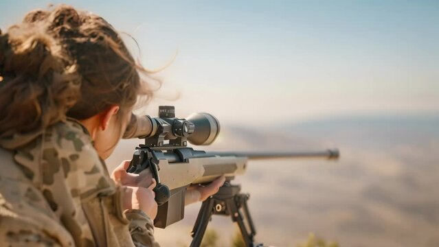 Woman in focused stance, aiming rifle equipped with scope, A shooter adjusting their stance for better stability