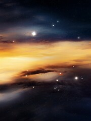 Fototapeta premium Bright interstellar nebulae. Clouds of cosmic gas with star clusters. Astronomical image of the universe. Cosmos background.