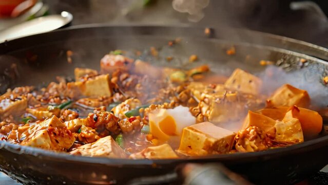 A pan filled with sizzling hot food cooking on a stovetop, A sizzling hot wok of spicy mapo tofu with minced pork