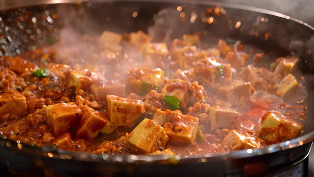 A pan filled with spicy mapo tofu cooking on a stove, emitting sizzling sounds, A sizzling hot wok of spicy mapo tofu with minced pork