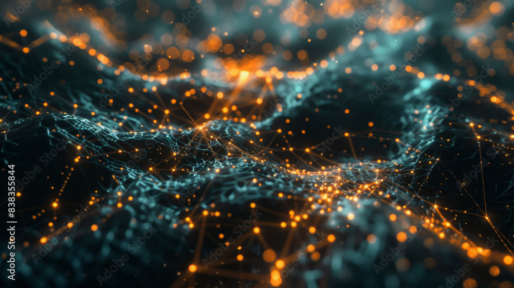 Poster an abstract visualization of a digital network featuring interconnected glowing nodes and lines, rep