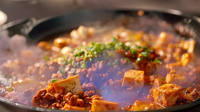 A close-up view of a steaming hot wok on a stove, filled with spicy mapo tofu topped with minced pork, A sizzling hot wok of spicy mapo tofu with minced pork