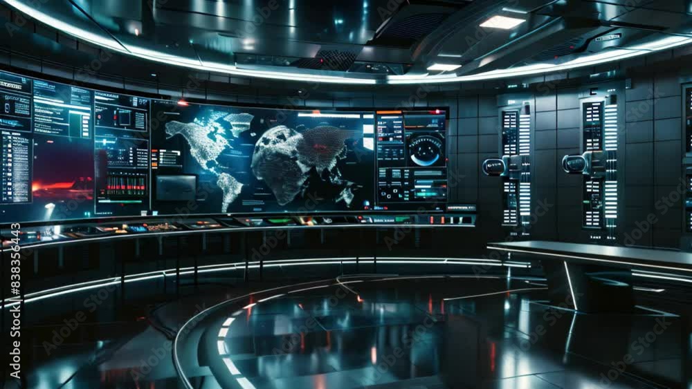 Poster a large room filled with numerous monitors displaying various data and information, a sleek and mode