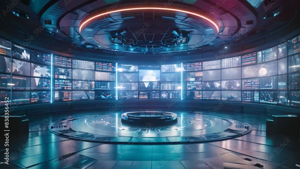 Poster room filled with numerous screens and lights, showcasing advanced technology and monitoring systems,