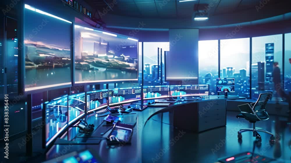 Poster a modern control room with numerous screens displaying various data and information, a sleek and mod