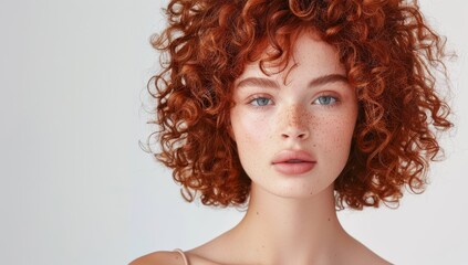 A model with curly red hair in an elegant and modern short hairstyle, posing for the camera against a white background. Close-up smiling brunette model with long, curly red hair and glamorous makeup