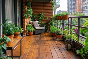 A modern balcony with wooden flooring, adorned with potted plants and lush greenery, offering an inviting outdoor space for relaxation or social gatherings.