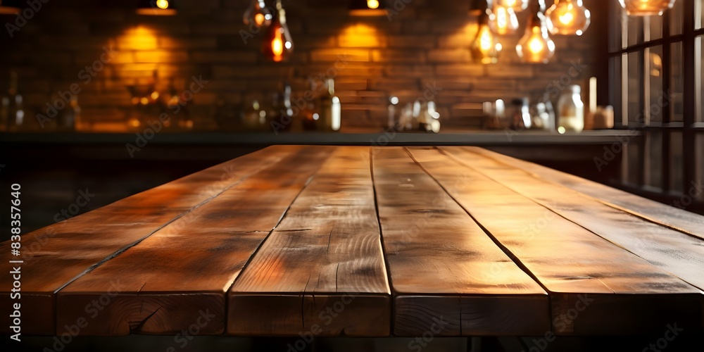 Poster blurry bar background with empty wooden table for product placement design. concept bar background, 