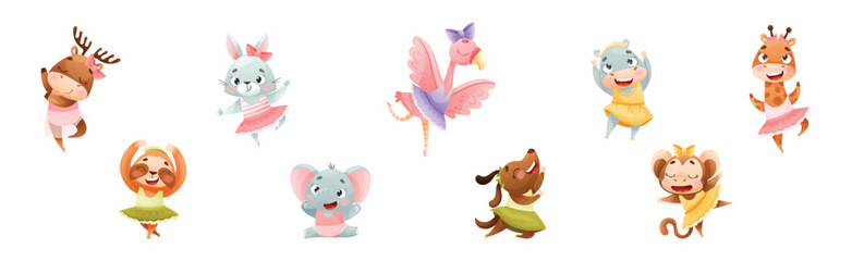 Cute Animal Dancing Ballet Wearing Tutu Skirt Vector Set