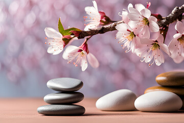 This image features a stack of black rocks and pink flowers against a bright pink background. The East Asian cherry blossoms add a delicate touch to the composition.