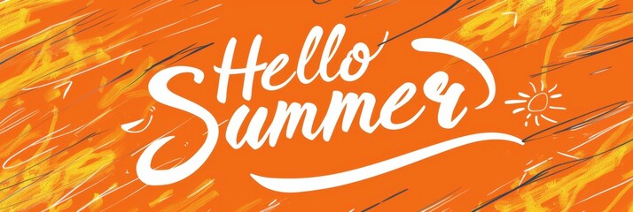 A vibrant orange gradient background with the text "Hello Summer" in bold, white cursive font centered subtle sun emblem Generative AI