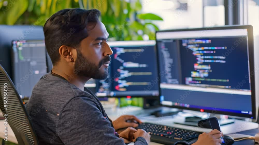 Poster an indian man is smiling while debugging code on two computer monitors, a smiling indian man debuggi