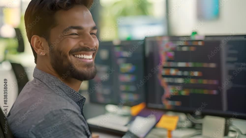 Poster smiling indian man sitting in front of a computer monitor, debugging code, a smiling indian man debu