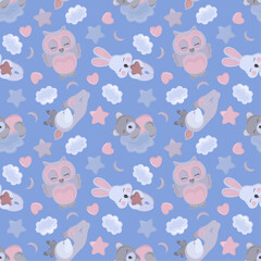 children's night pattern with a bear, a bunny, an owl