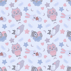 Obraz premium children's night pattern with a bear, a bunny, an owl