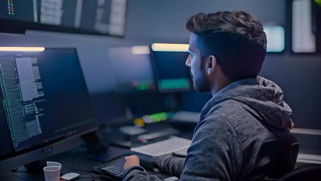 A smiling Indian man is focused on debugging code displayed on a computer monitor, A smiling Indian man debugging code on multiple computer screens