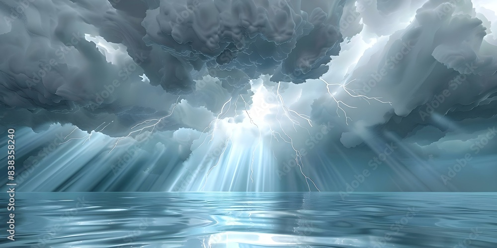 Wall mural 3D render of stormy sky with black clouds lightning and sunlight peeking through. Concept 3D Rendering, Stormy Sky, Black Clouds, Lightning, Sunlight, Weather Simulation - Wall murals