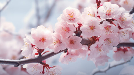 Obraz premium Snow-covered cherry blossoms on a branch, blending the beauty of spring with the chill of winter.