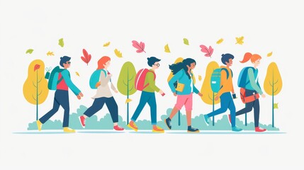 Fototapeta premium A group of young students with backpacks walk towards their school, in a flat illustration. Back to school, learning.