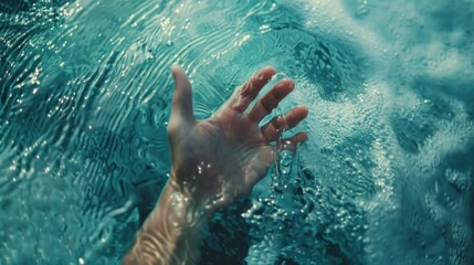  The desperate hand of a drowning person in sea water, quickly needing help and rescue - Drowning concept to illustrate emergency