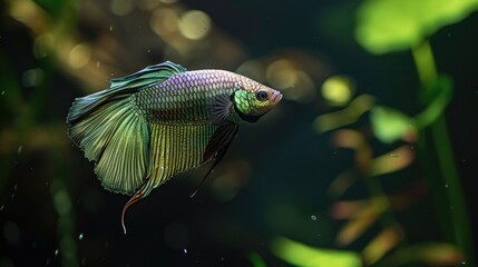 Glowing Elegance: Stunning Green and Purple Betta Fish in Dark Tranquil Waters