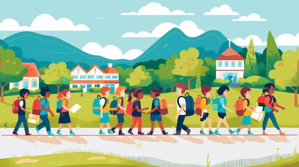 A group of young students with backpacks walk towards their school, in a flat illustration. Back to school, learning.