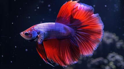Fototapeta premium Majestic Red and Purple Betta Fish Gliding Through Dark Waters