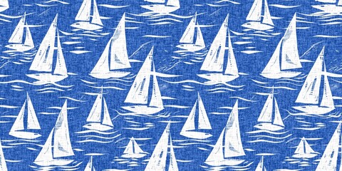 Coastal sail boat in azure ocean blue seamless border background. Modern sailing boat block print for decorative coast interior furnishing fabric for rustic linen beach cottage banner trend. 
