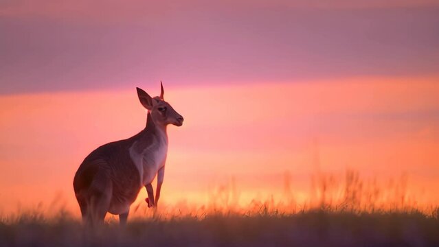 A kangaroo stands in a field as the sun sets, casting a warm glow on the landscape, A solitary kangaroo silhouetted against a colorful sunset