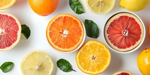 Obraz premium Top view of citrus fruit slices in bowls on white background. Concept Fruit Photography, Citrus Slices, Top View, White Background