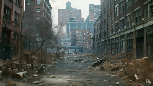 A run-down city street filled with buildings in the background, showing signs of neglect and abandonment, A somber, colorless cityscape filled with empty, abandoned buildings