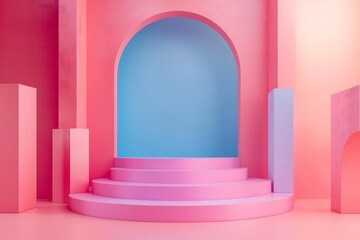 Exhibition backdrop flat design front view art display theme 3D render splitcomplementary color scheme