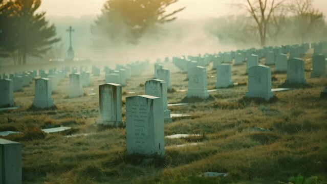 Numerous headstones scattered across a grassy field in a military cemetery, A somber military cemetery with rows of white gravestones