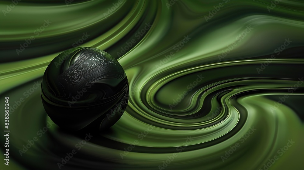 Poster spherical object in the center of green liquid ripples - abstract background