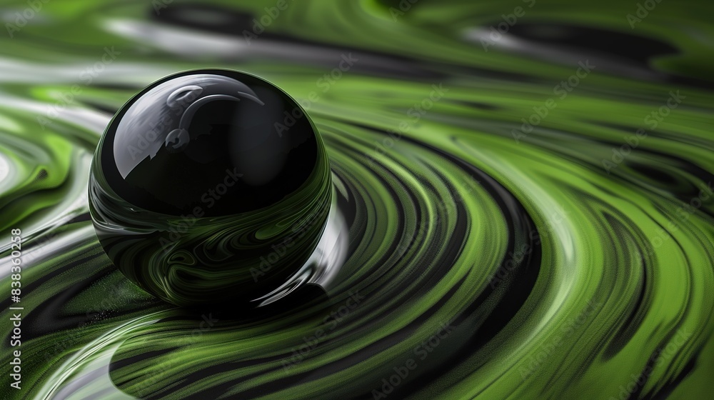 Poster spherical object in the center of green liquid ripples - abstract background